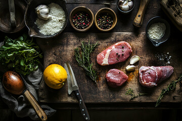 Raw meat lemon herbs spices and other ingredients on a wooden board.