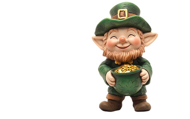 A cheerful leprechaun statue guarding a pot of gold at the end of a rainbow Isolated on transparent background.