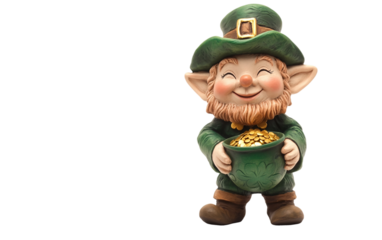 A cheerful leprechaun statue guarding a pot of gold at the end of a rainbow Isolated on transparent background.