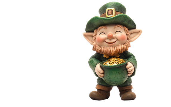 A cheerful leprechaun statue guarding a pot of gold at the end of a rainbow Isolated on transparent background.