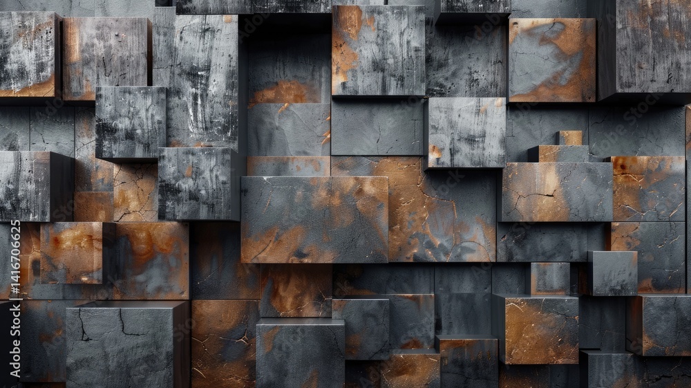 Poster abstract metallic geometric blocks in grey and gold. abstract artwork of 3d rendering art with geome