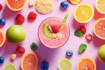 Pink smoothie in glass with fruit slices on pink background flat lay.