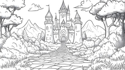 Obraz premium Fantasy Princess Castle Coloring Page in Bold Black and White Line Art
