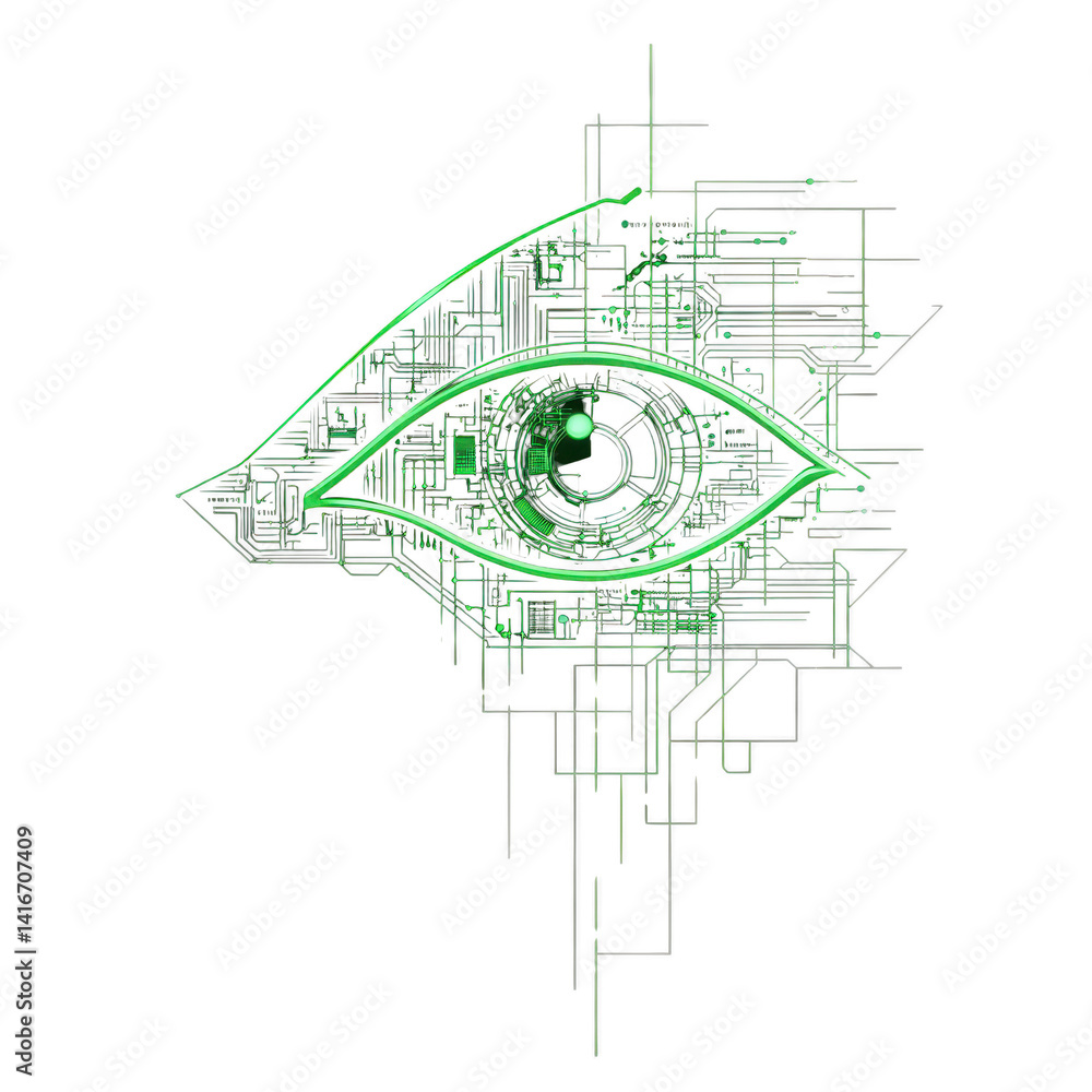 Aufkleber digital illustration of green eye with circuit patterns symbolizes technology and artificial intelli