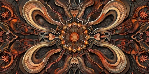 Abstract vivid patterns of old powerful symbol of ancient tribe. Seamless history texture of vividness design convey sense of ancient and tribal surface perfect for archeology graphic style. AIG61.