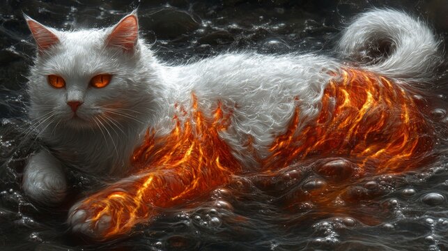 Inferno aquatic feline surrealism contrasts a pristine white cat with fiery trails in dark glistening depths creating intriguing fantasy art effect