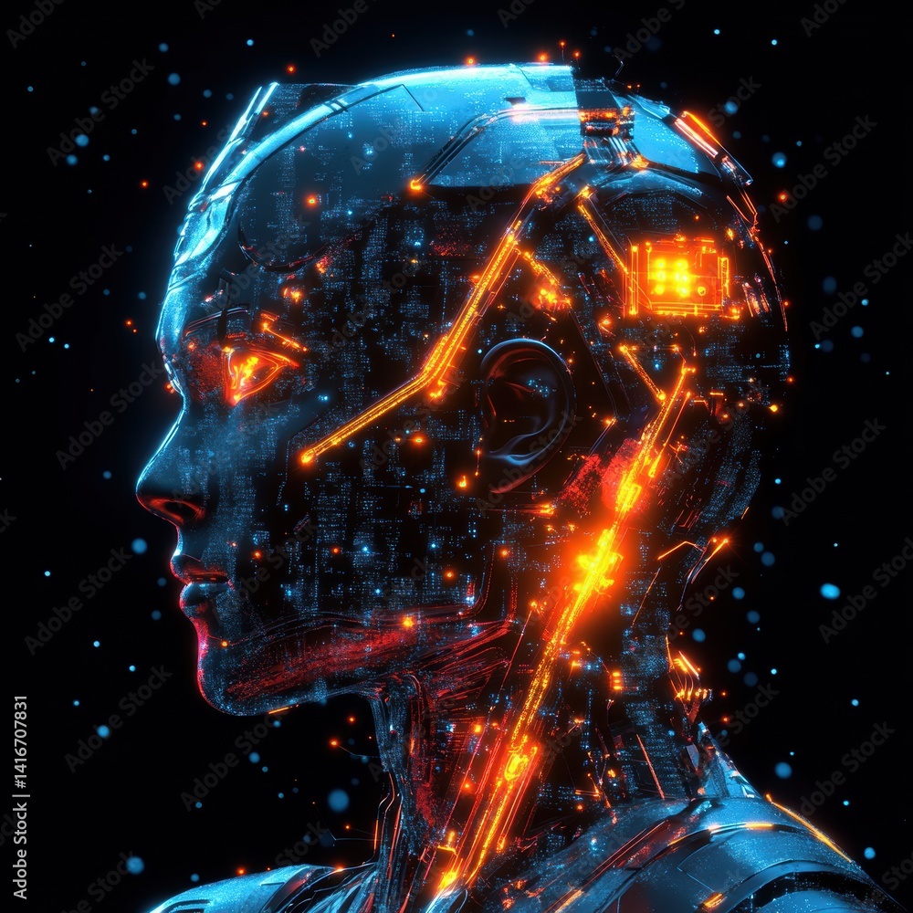 Poster artificial intelligence: a detailed rendering of a cybernetic humanoid with glowing neural network