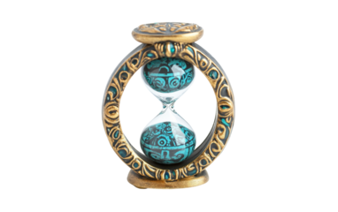 A small ornate hourglass with golden sand symbolizing the passage of time Isolated on transparent background.