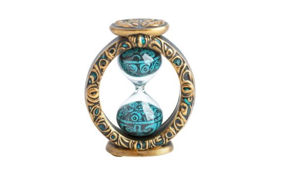 A small ornate hourglass with golden sand symbolizing the passage of time Isolated on transparent background.