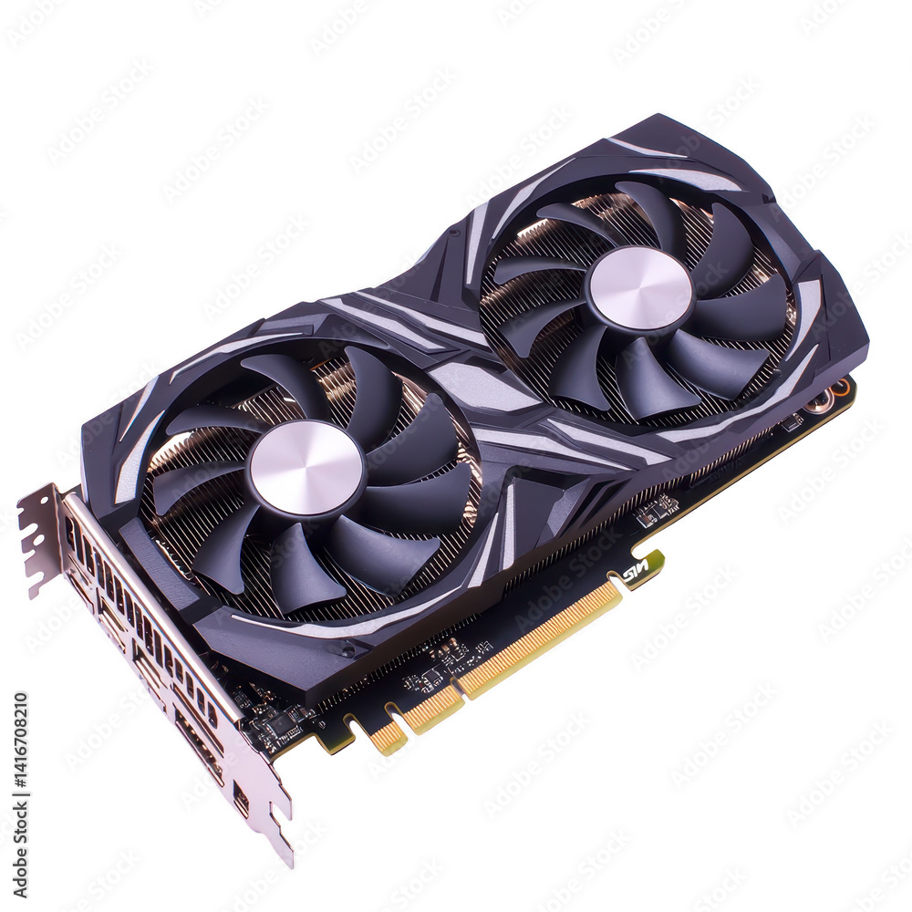 Poster high performance graphics card with dual cooling fans and sleek design, ideal for gaming and graphic