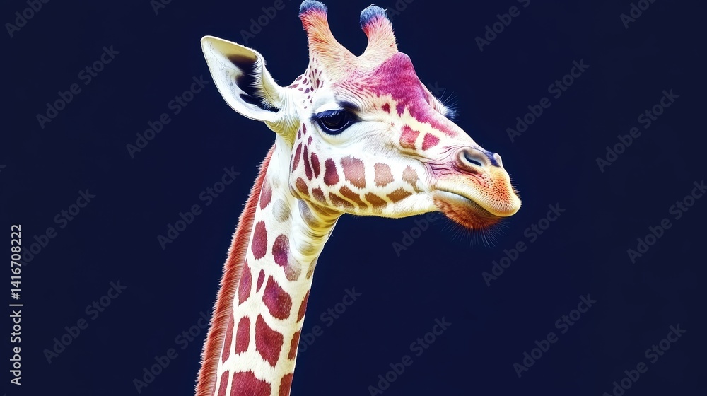 Poster artistic exploration featuring a giraffe's head with vibrant colors and textured surface against a d