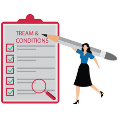 Terms and conditions document with businesswoman reading checklist of rules and regulation standards, Privacy policy, Legal notice, Company policy, Corporate law, Business ethics