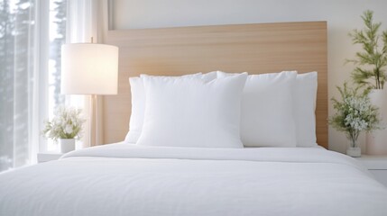 Simple, clean bedroom interior with white bedding and wooden headboard.  Soft lighting and fresh decor