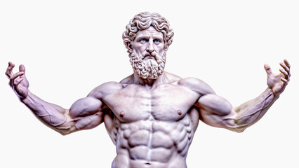 Obraz premium Muscular male sculpture of a powerful deity with outstretched arms on a white background