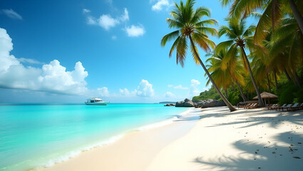 Capture a serene coconut beach with swaying palms crystal waters and soft sands that enhance a tropical paradise for ultimate leisure and relaxation in  Photo Stock  Concept  and empty space on the le