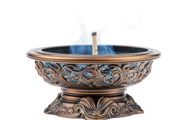 A tiny brass incense burner releasing sacred aromas in a candlelit space Isolated on transparent background.