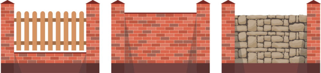 Fence, set of fences made of brick, stone and wood, realistic fence icon. Background image, postcard, web banner, vector illustration.