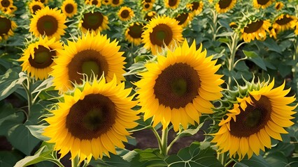 Fototapeta premium Sunflowers in Bloom, Yellow Petals, Summer Field