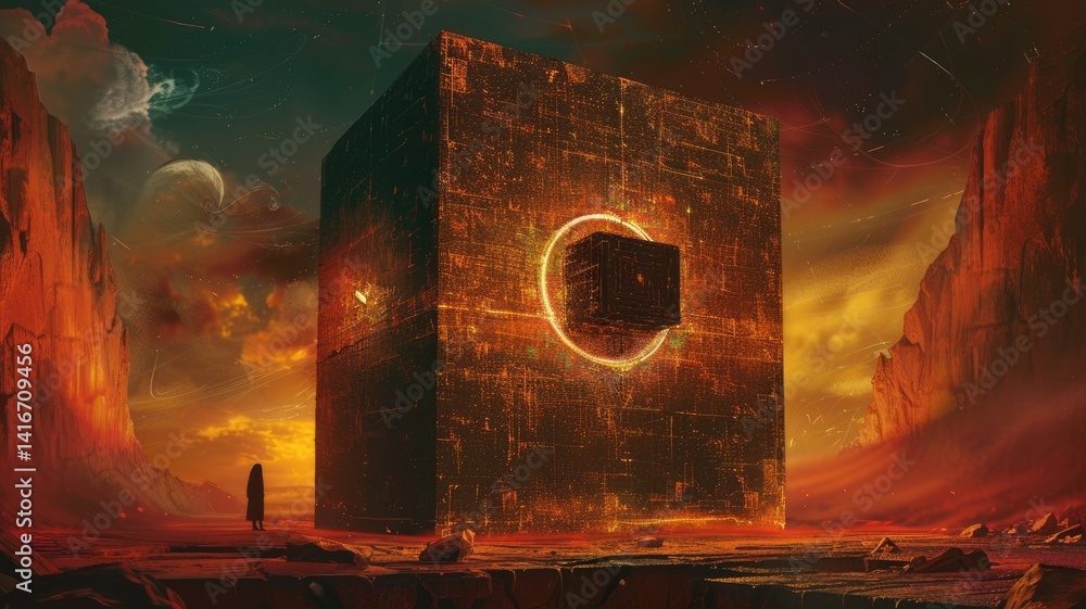 Poster abstract glowing cube structure in sci-fi landscape at sunset. digital artwork of 3d rendering of cu