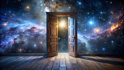 Mystical Wooden Door Opening to Cosmic Galaxy Nebula in Surreal Fantasy Scene