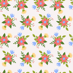 Seamless pattern with bright childish plants on pink. Cute floral print for textile paper packaging. Simple kids vector illustration
