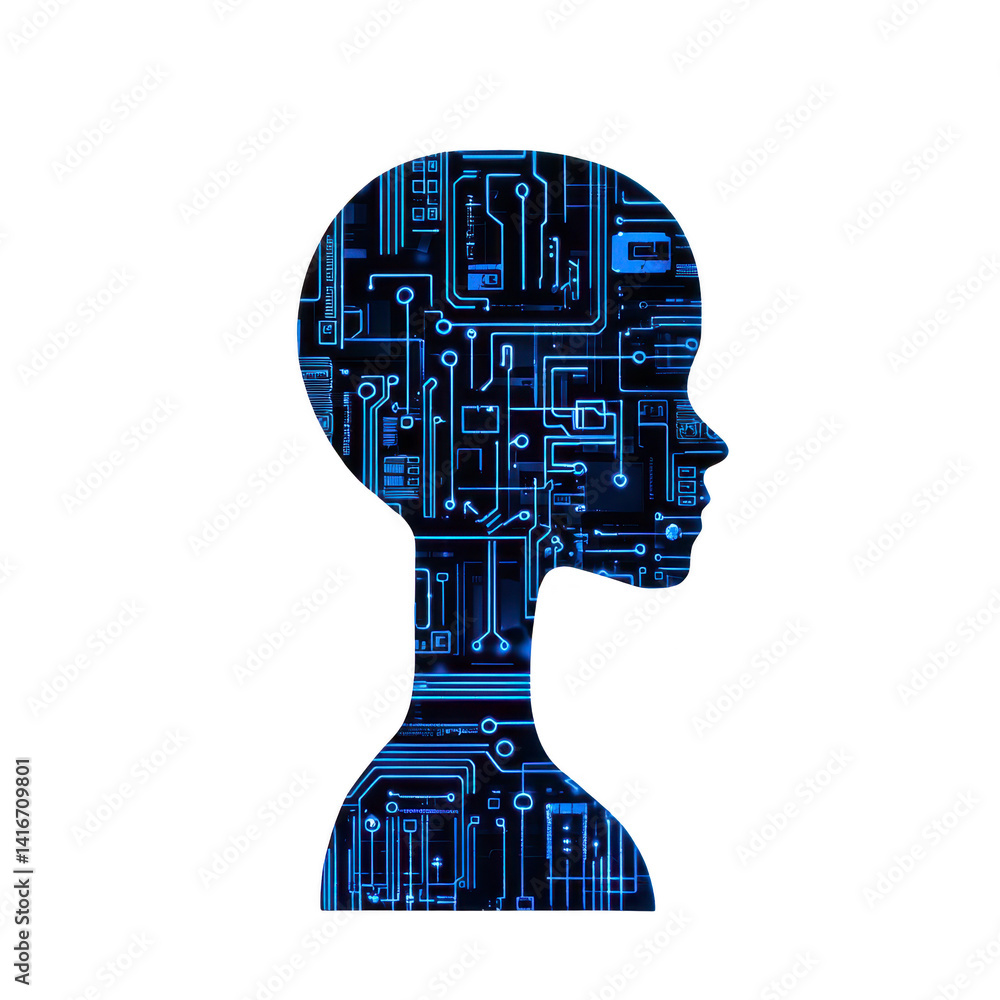 Poster silhouette of human head filled with blue circuit patterns symbolizes integration of technology and 