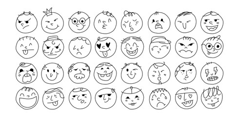 Naklejka premium Icons of faces with different moods of emotions, happy, sad, smiling faces in doodle style. Comic line art vector illustration. For social networks