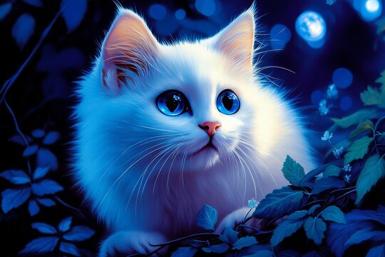 A white cat with piercing blue eyes walking along a winding forest path. Generative AI