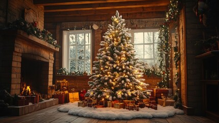 Fototapeta premium Rustic Christmas Cabin Interior with Decorated Tree