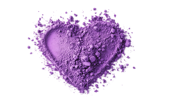 A tiny heap of purple Holi powder shaped like a heart on a traditional brass tray Isolated on transparent background.