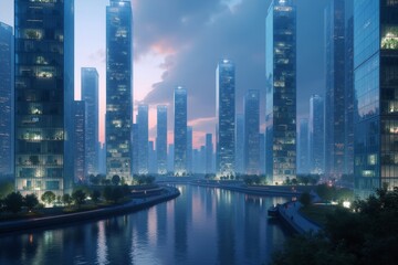 Naklejka premium imaginative cityscape where skyscrapers are made of translucent glass filled with bioluminescent plants, reflecting a twilight sky