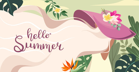 Hello summer. A banner with a beautiful woman with long hair in a bright summer hat. Vacation. Vector illustration.