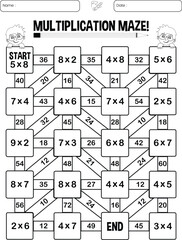 Multiplication maze puzzle worksheet for children