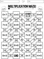 Multiplication maze puzzle worksheet for children
