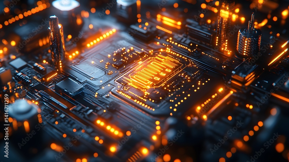 Poster intricate circuit board with glowing components.