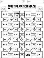 Multiplication maze puzzle worksheet for children