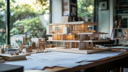 Detailed Wooden Architectural Model on a Desk