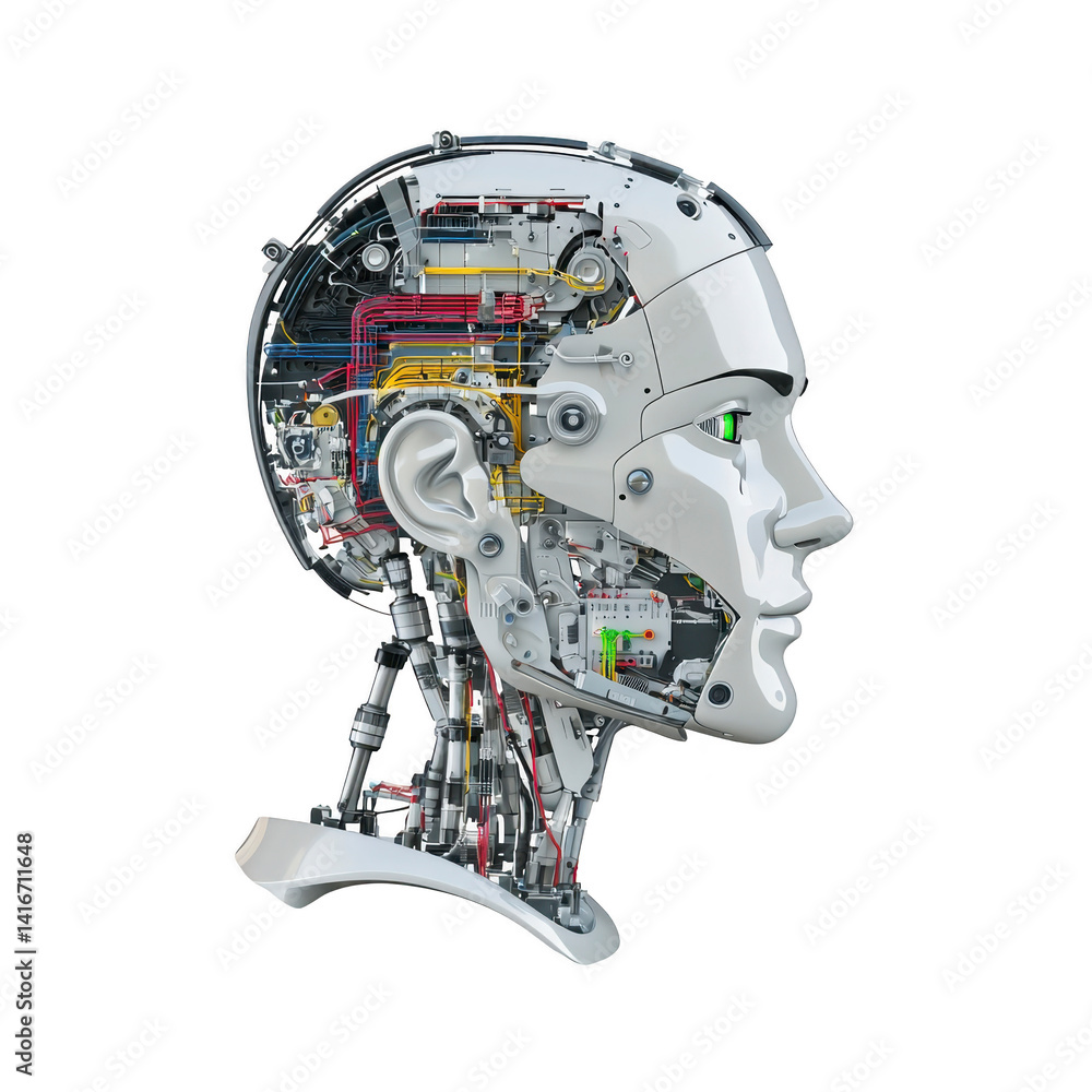 Poster detailed side view of humanoid robot head reveals intricate internal mechanisms, showcasing wires, c