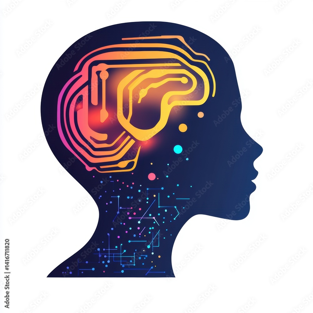 Poster artificial intelligence brain illustration with circuit board design and glowing dots