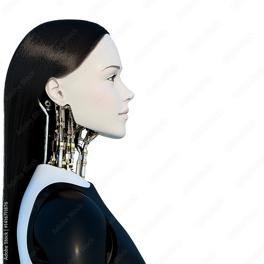 Poster futuristic humanoid robot with visible mechanical components in neck area, showcasing advanced techn