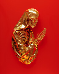 Golden Santa de Muerta on Red Background with Reflective Minimalist Contrast. Generative AI