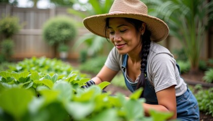 Beautiful young woman farmer with dark hair in beige hat and denim jumpsuit tending plants in vegetable garden and garden. High quality photo