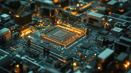 Fototapeta premium Illuminated Computer Circuit Board Close-up for High Technology and Digital Solutions