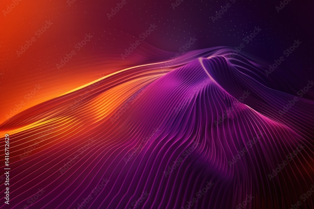 Poster abstract flowing waves in pink and orange hues. digital art design of gradient red, purple and orang