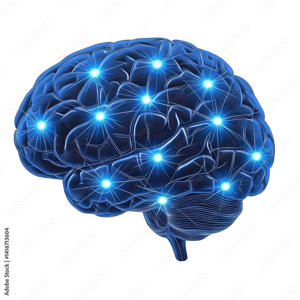 Poster digital illustration of human brain with glowing neural connections, symbolizing artificial intellig
