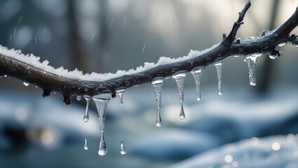 Macro Image of Icy Sleet Melting into Flowing Water on a Fragile Branch