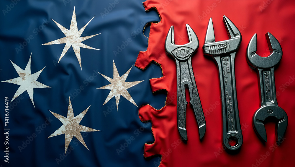 Poster elegant depiction merging tools with flag imagery to emphasize national quality standards engineerin