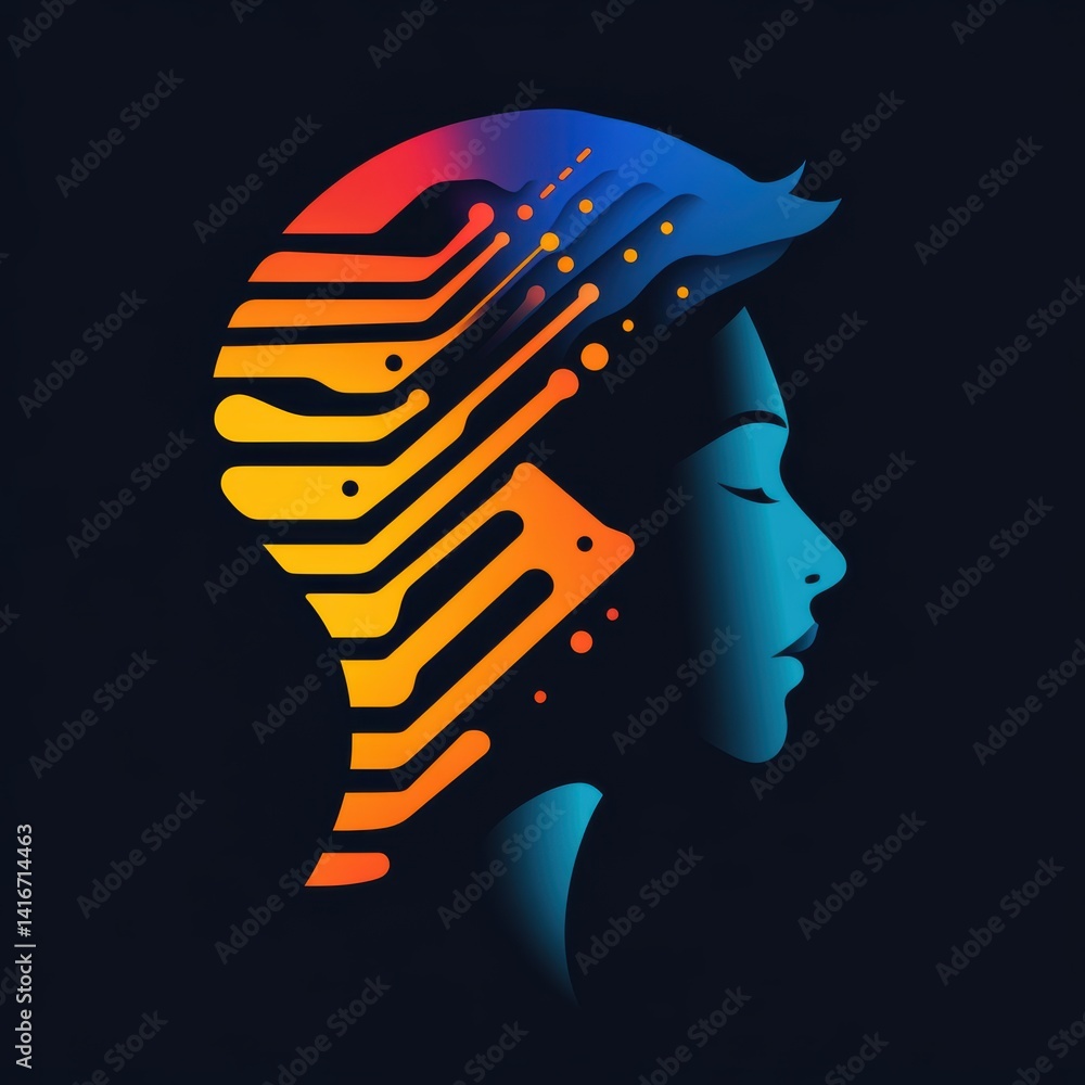 Poster artificial intelligence brain concept with circuit board design and gradient colors, illustrating te