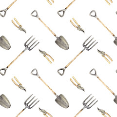 Seamless pattern with hand drawn garden tools: shovel, pruners, and rake