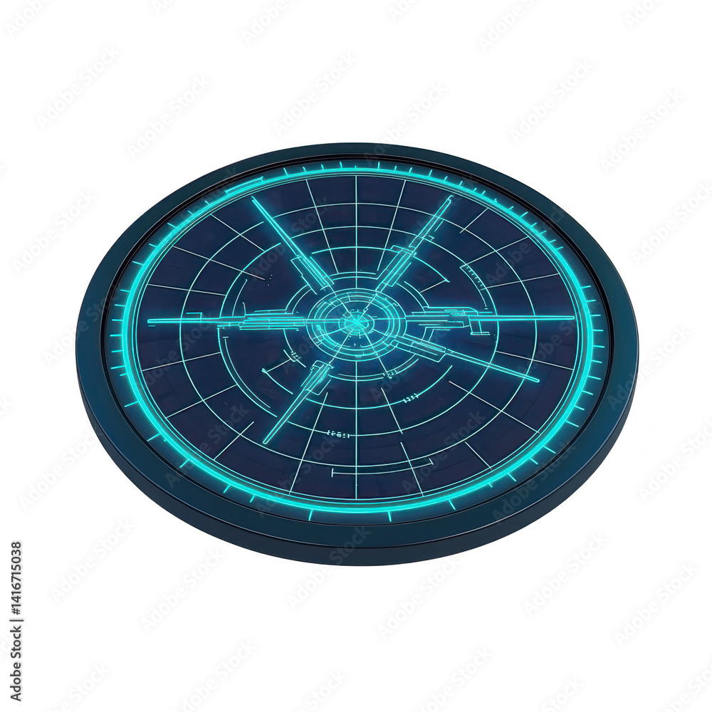 Poster futuristic blue radar screen with glowing circular grid lines and digital interface elements, convey